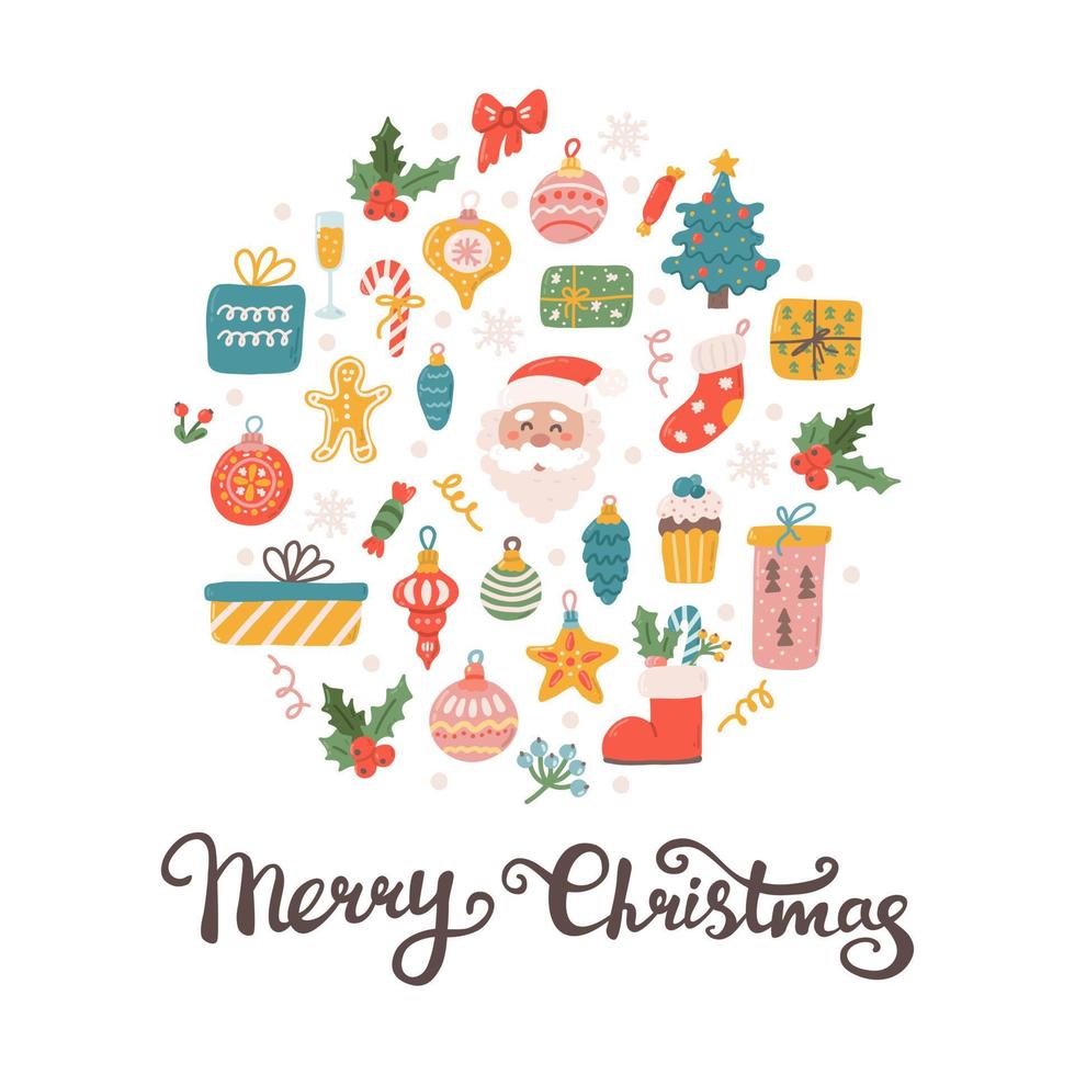 niedliche weihnachtsferien im kreis mit geschenken und dekorationen für den weihnachtsbaum, vektorflache illustration in der hand gezeichnet mit handbeschriftung vektor
