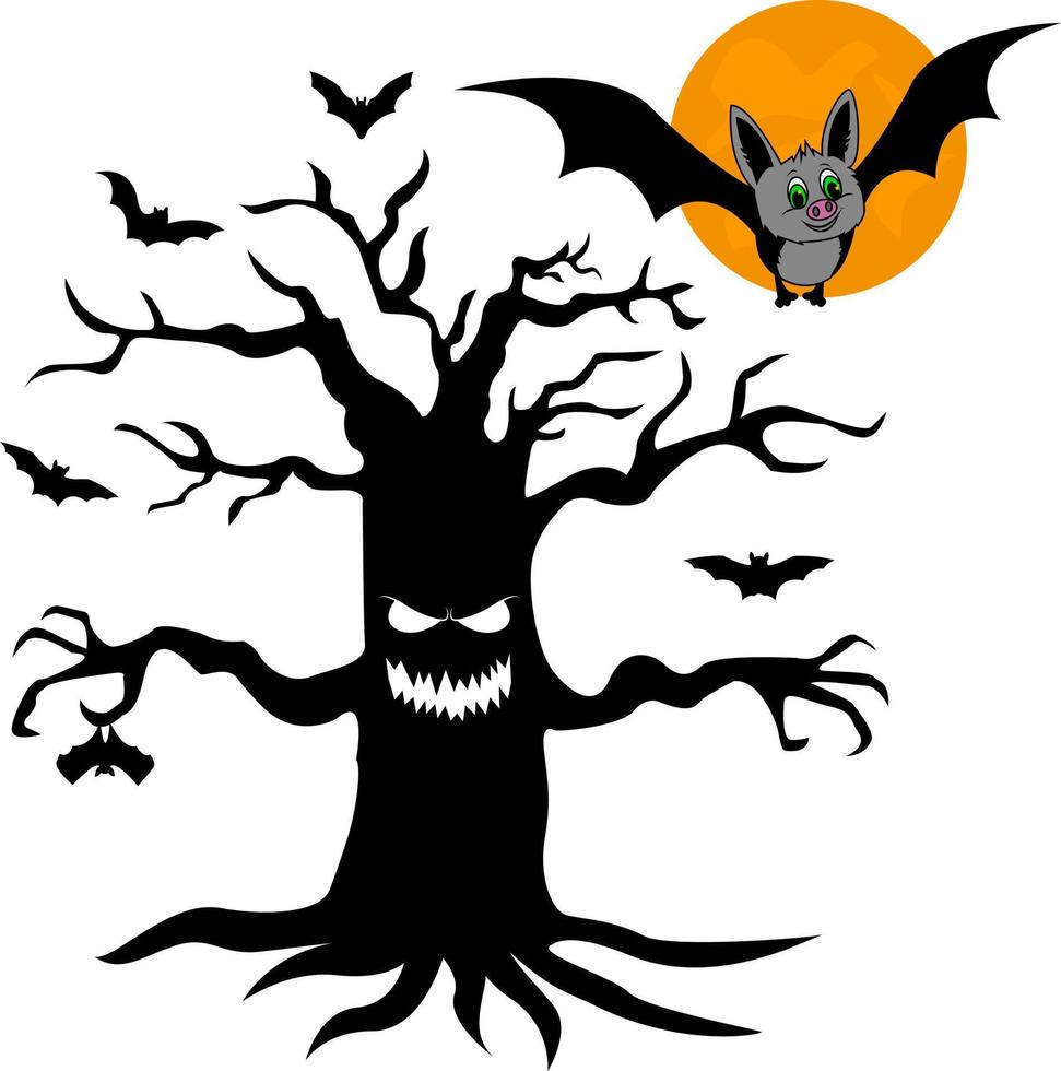 Vollmond und Fledermäuse. Halloween. großer Baum mit Augen, Mund. schwarze Silhouette. vektor
