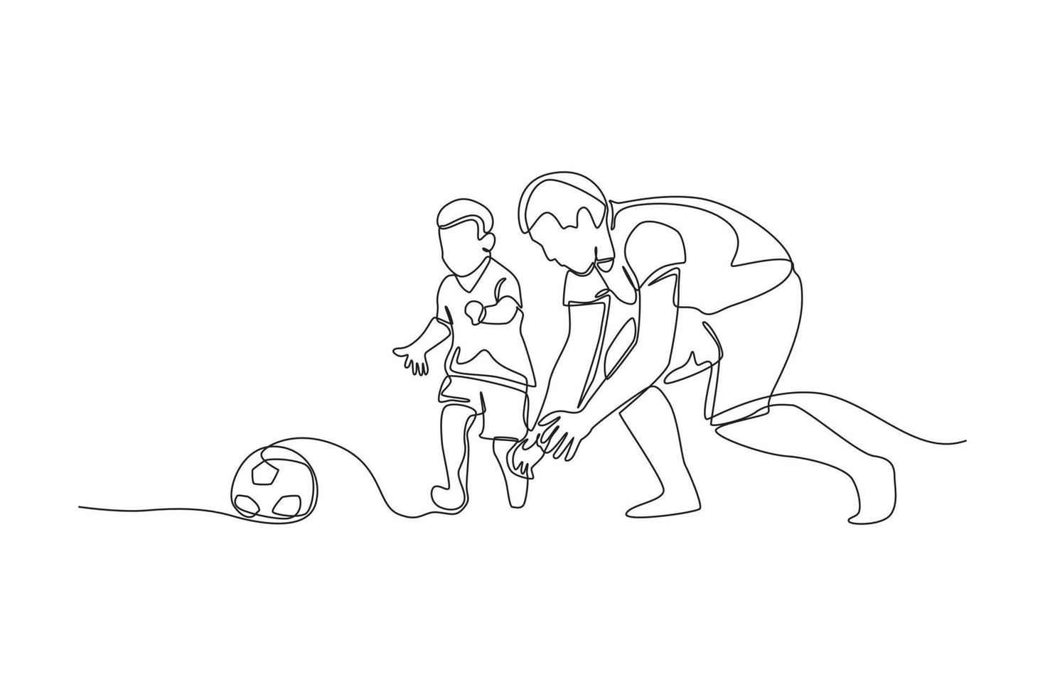 enda ett linje teckning son spelar fotboll med hans far. familj tid begrepp. kontinuerlig linje dra design grafisk vektor illustration.