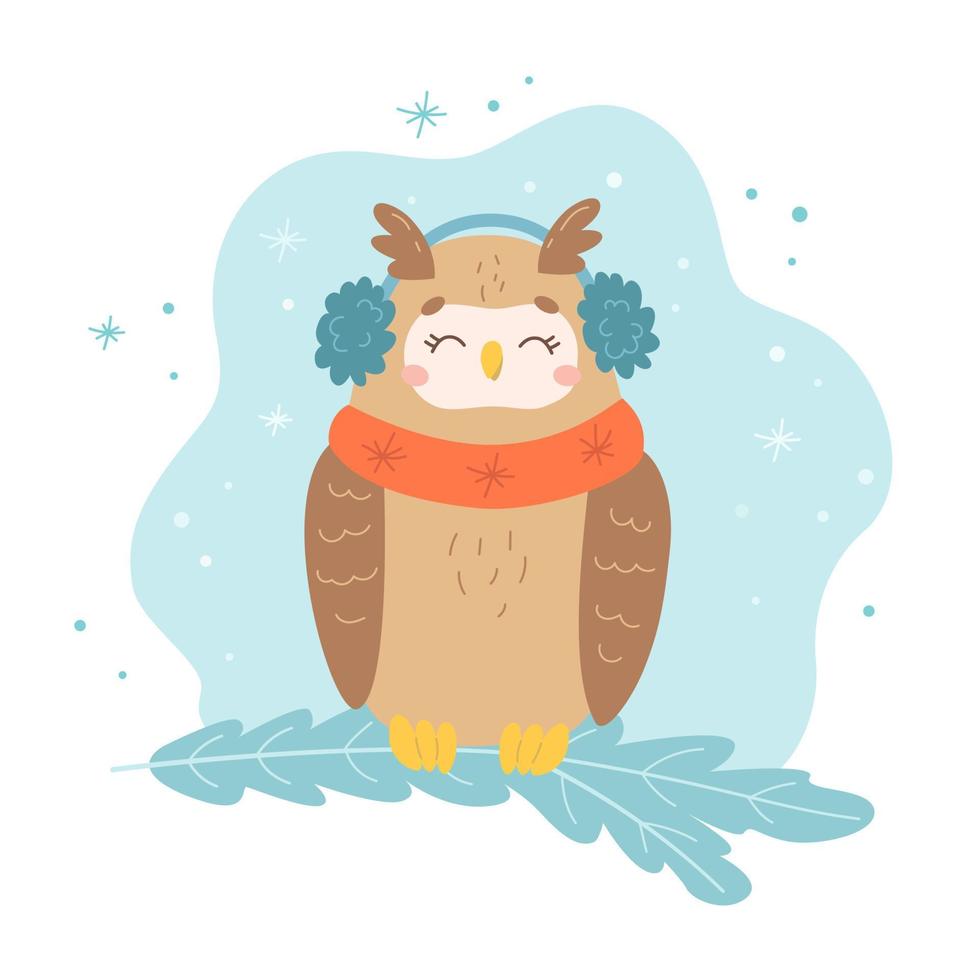 vektor vinter- Uggla är Sammanträde i scarf och hörselkåpor på de gren av träd. söt säsong- tecknad serie karaktär av brun vild fågel i snö för jul fest