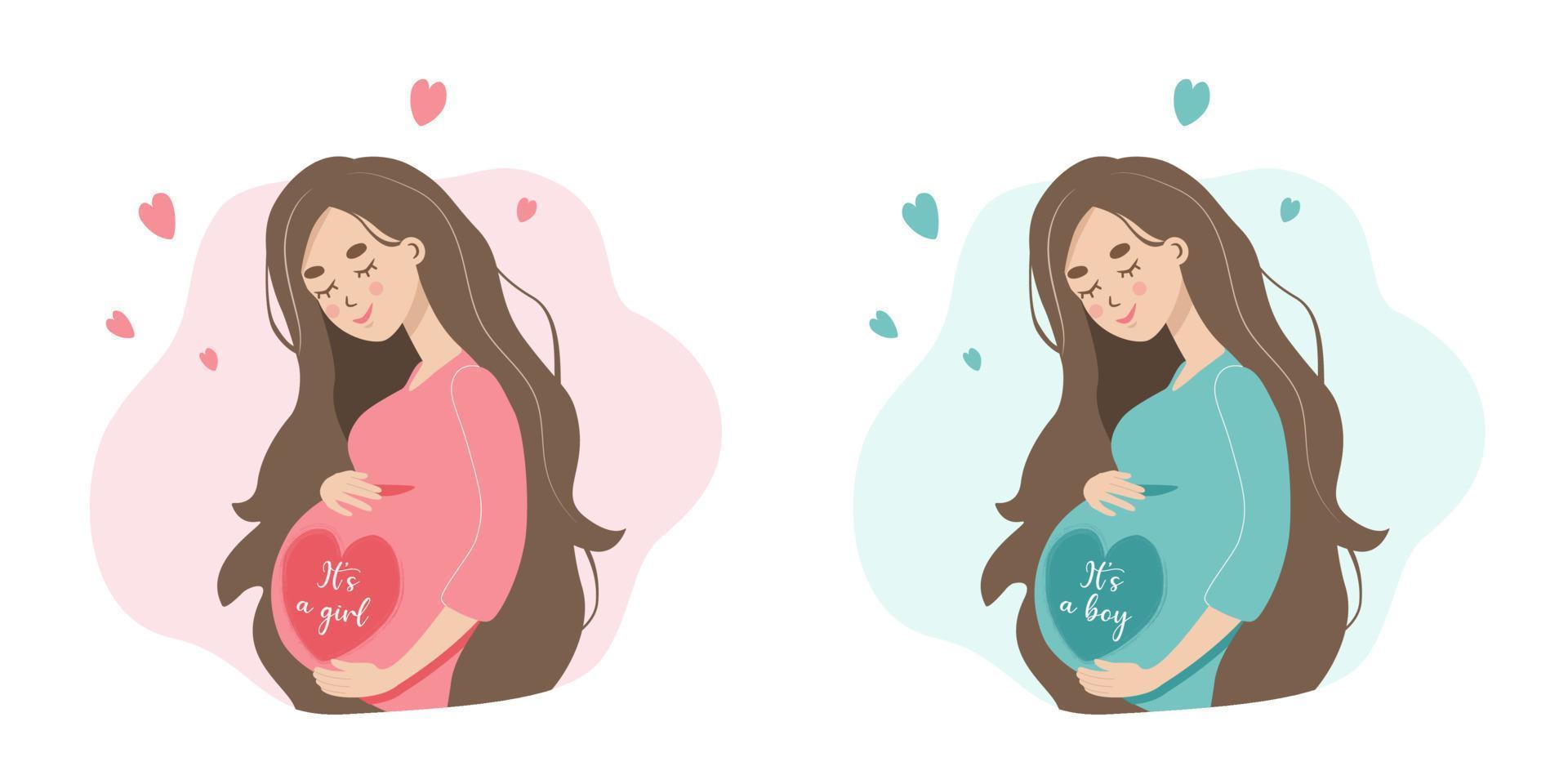 gravid kvinna med mage är förväntar sig en bebis, pojke eller flicka. kön av barn. platt vektor illustration av ung mor i graviditet