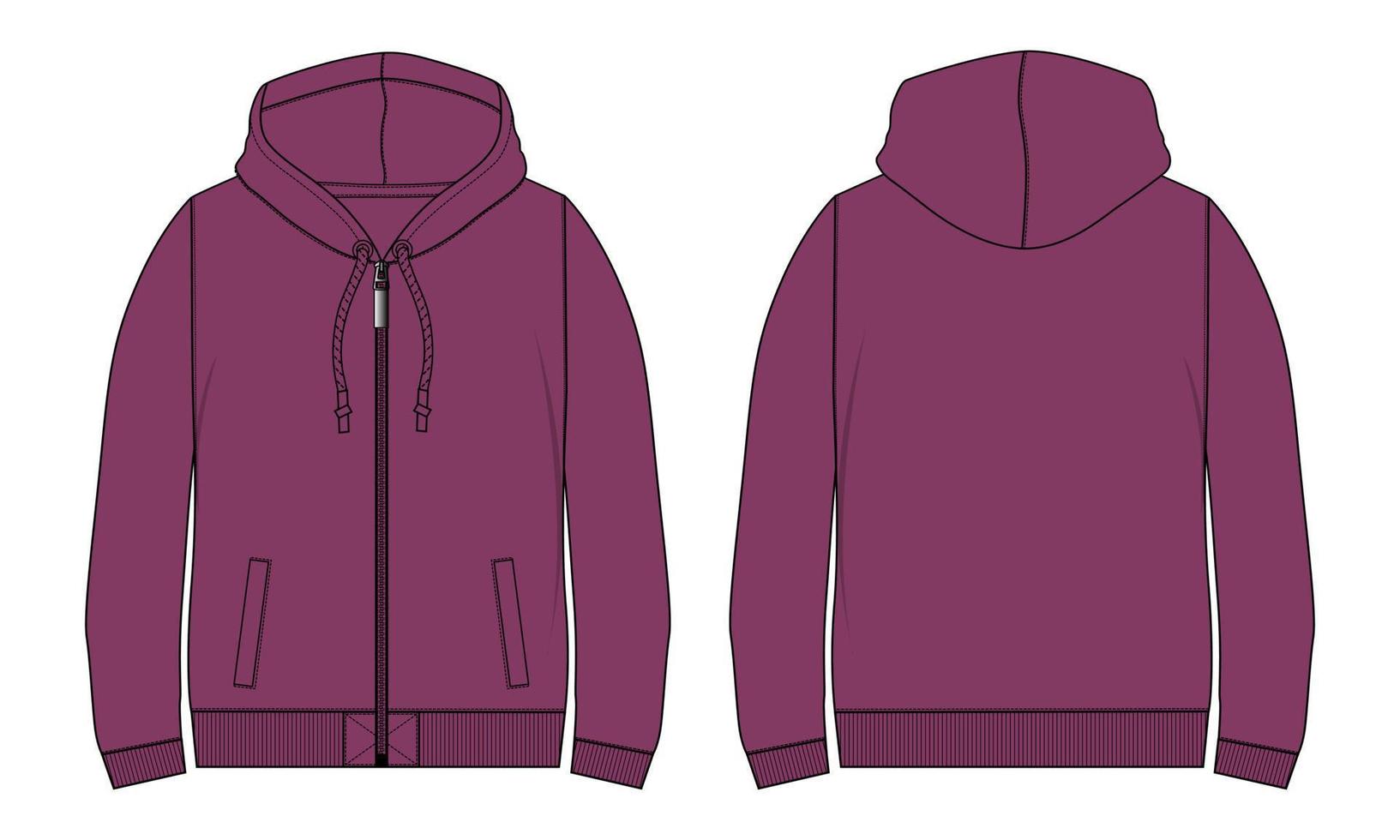 långärmad hoodie tekniskt mode platt skiss vektor illustration mall fram- och baksidan.