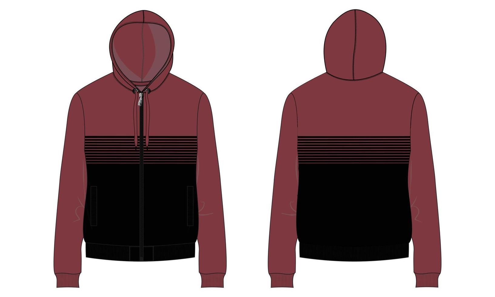 Langarm-Hoodie technische Mode flache Skizze Vektor Illustration Vorlage Vorder- und Rückansicht.