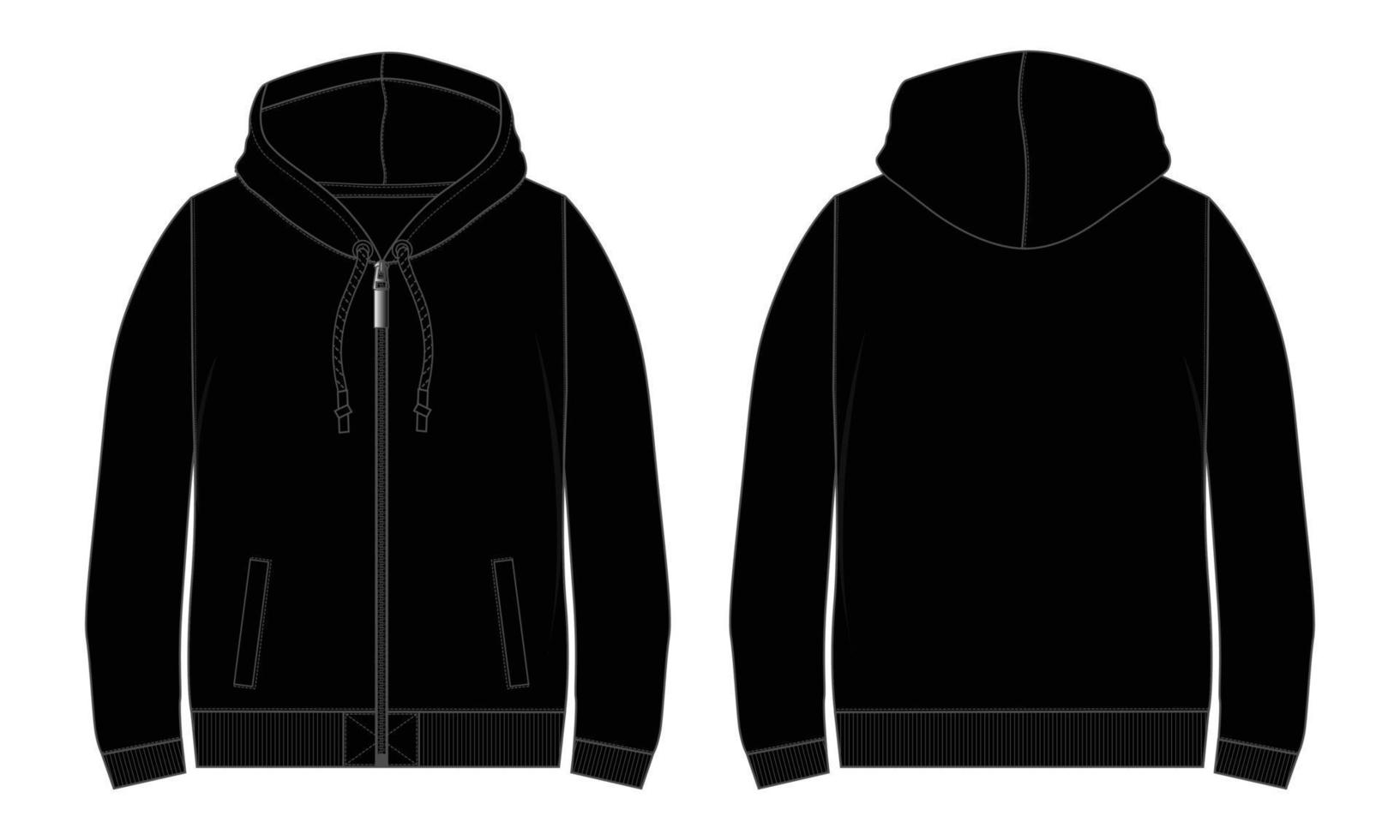 långärmad hoodie tekniskt mode platt skiss vektor illustration mall fram- och baksidan.