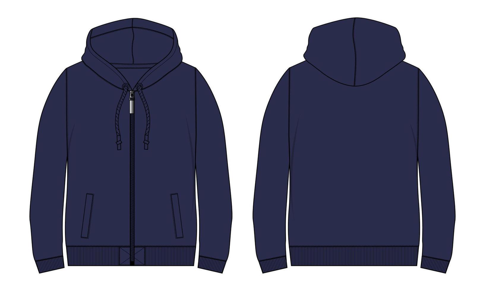 långärmad hoodie tekniskt mode platt skiss vektor illustration mall fram- och baksidan.