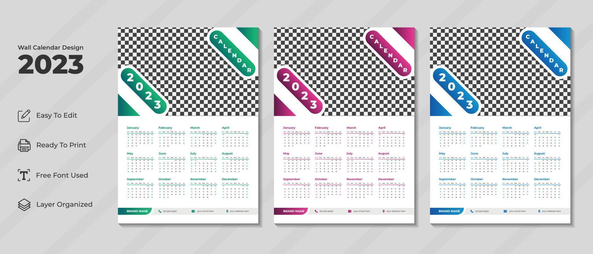 2023 vägg kalender design mall med grön, lila och blå Färg. företags- och företag planerare dagbok. vecka börjar på söndag. modern vägg kalender design för ny år 2023. vektor