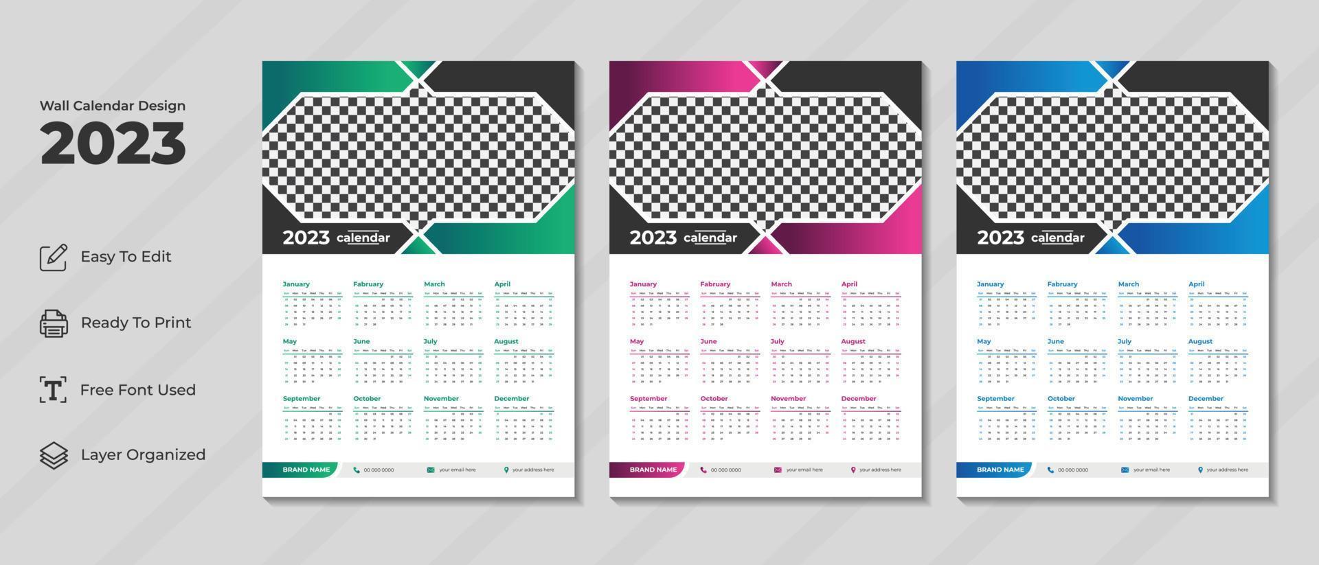 2023 vägg kalender design mall med grön, lila och blå Färg. företags- och företag planerare dagbok. vecka börjar på söndag. modern vägg kalender design för ny år 2023. vektor