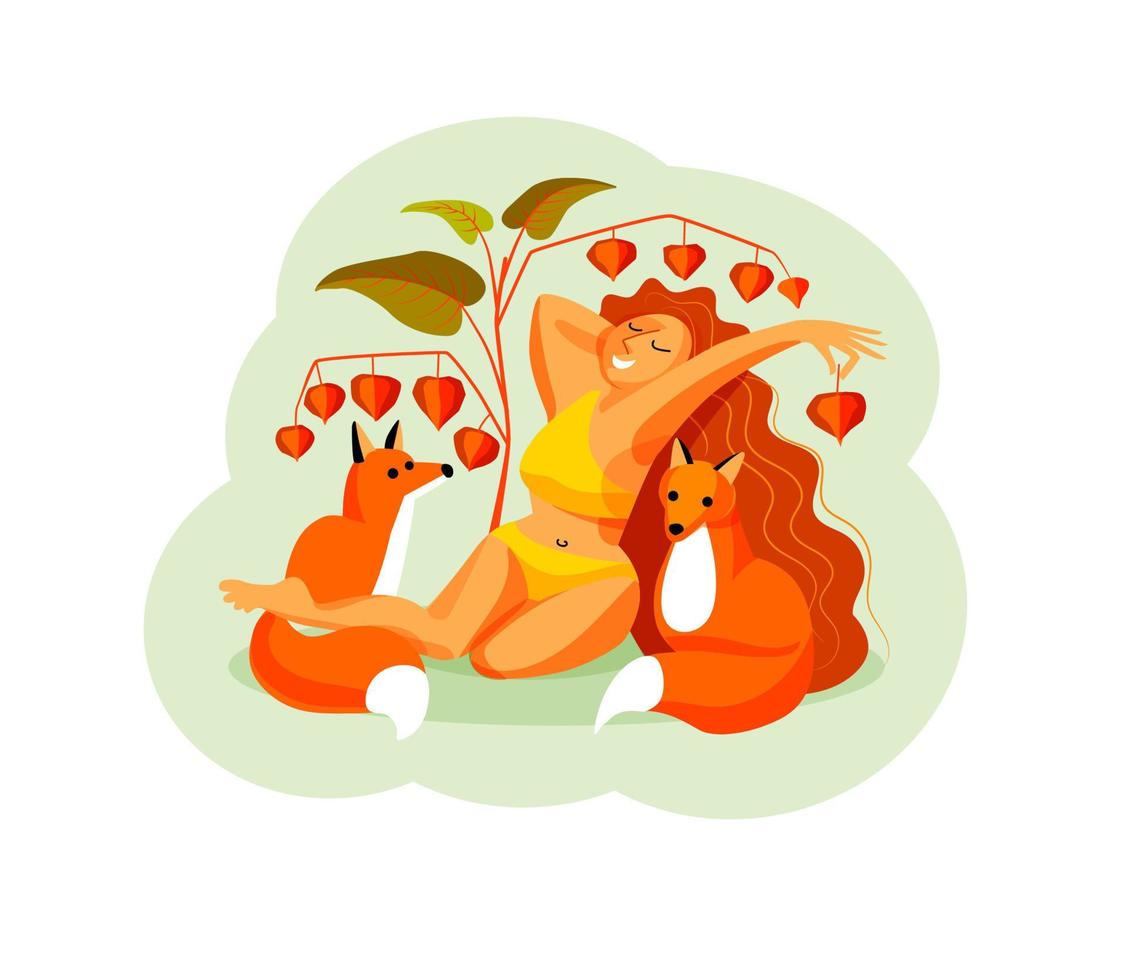 kropp positiv flicka i en gul baddräkt sitter med två rävar under en physalis buske vektor