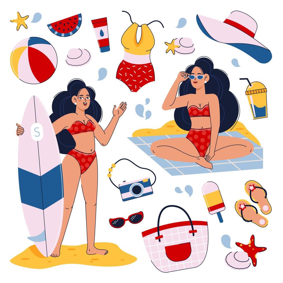Sommer-Set. Mädchen am Strand beim Surfen und beim Picknick. Strandaccessoires für den Sommer. flache vektorillustration vektor