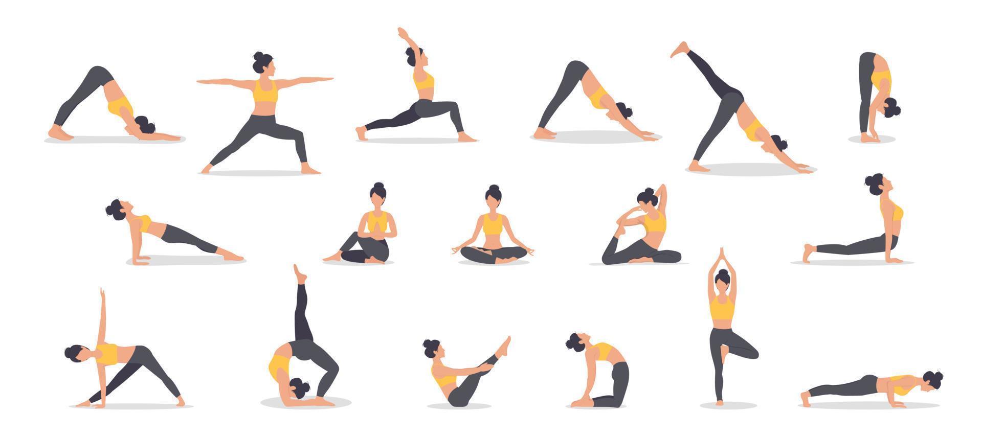 uppsättning av poser kvinna håller på med yoga och kondition. samling av kvinna tecknad serie yoga positioner isolerat på vit bakgrund. full kropp yoga träna, eps 10 vektor