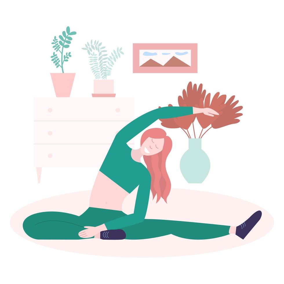 lächelnde Frau, die Yoga-Übungen im Wohnzimmer macht. glückliche frau, die fitnessübungsvektorillustration tut vektor