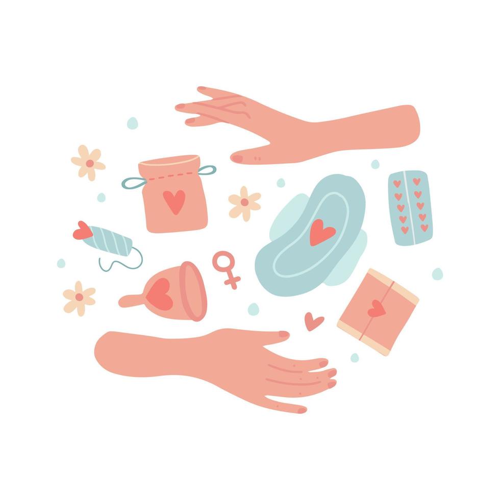 kvinnor händer innehav menstruations- kopp, tampong, perioder dynor och födelse kontrollera piller. hand dragen vektor illustrationer isolerat på vit bakgrund