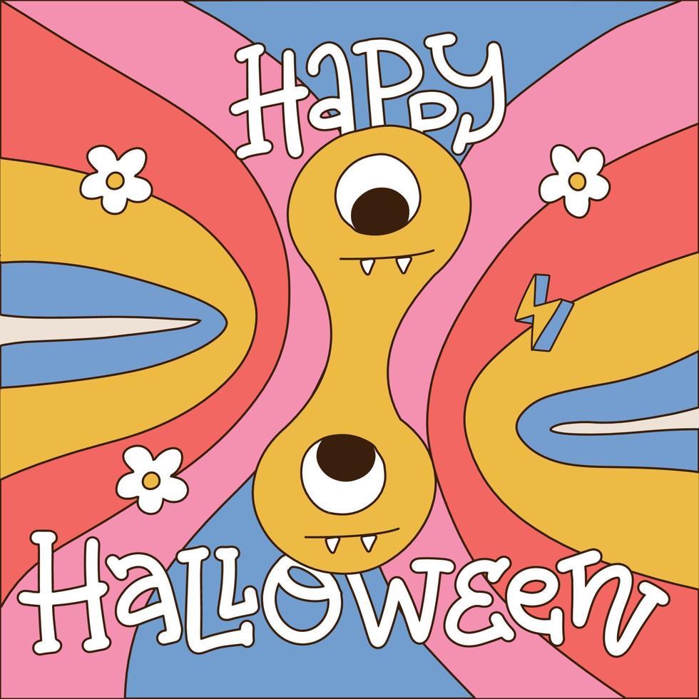 Lycklig halloween 70s retro stil kort. leende emoji monster ansikte på regnbåge bakgrund. retro förvrängd smältande smiley. leende smälta karaktär. vektor hand dragen illustration med text.