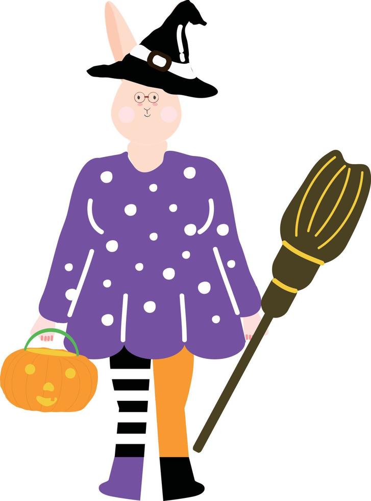 Halloween-Feiertags-Zeichentrickfigur. süße kinder in kostümen von hexe, mama, pirat, skelett und schwarzer katze. Geister und Geisterkürbisse. Vektorhandzeichnung vektor