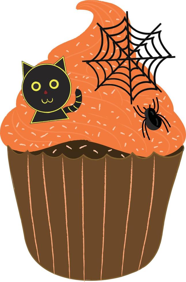 Halloween-Cupcakes. süße Kinder in Kürbis-, Katzen-, Vampir-, Hexenhut-, Fledermaus-, Skelett- und schwarzen Katzenkostümen. vektor