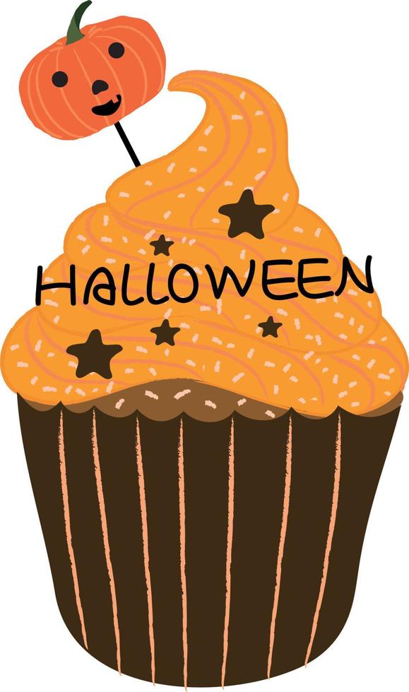 Halloween-Cupcakes. süße Kinder in Kürbis-, Katzen-, Vampir-, Hexenhut-, Fledermaus-, Skelett- und schwarzen Katzenkostümen. vektor