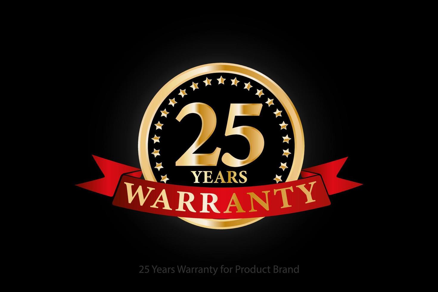 25 år garanti gyllene logotyp med ringa och röd band isolerat på svart bakgrund, vektor design för produkt garanti, garanti, service, företags, och din företag.
