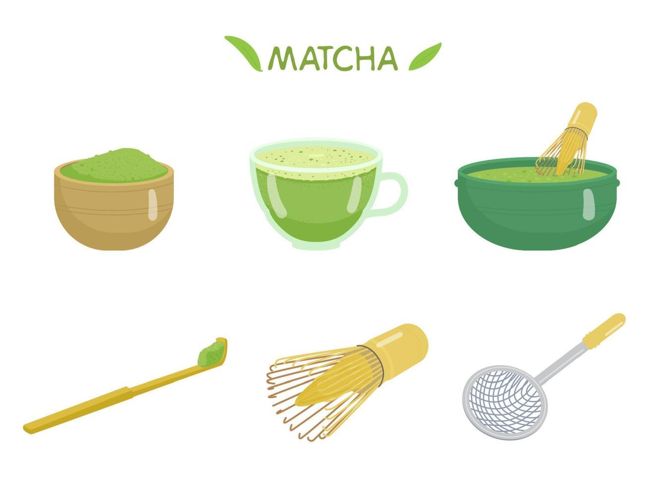 te matcha vektor uppsättning. kopp med matcha, te pulver, bambu sked, vispa, keramisk skål, sikt. japansk traditionell dryck.