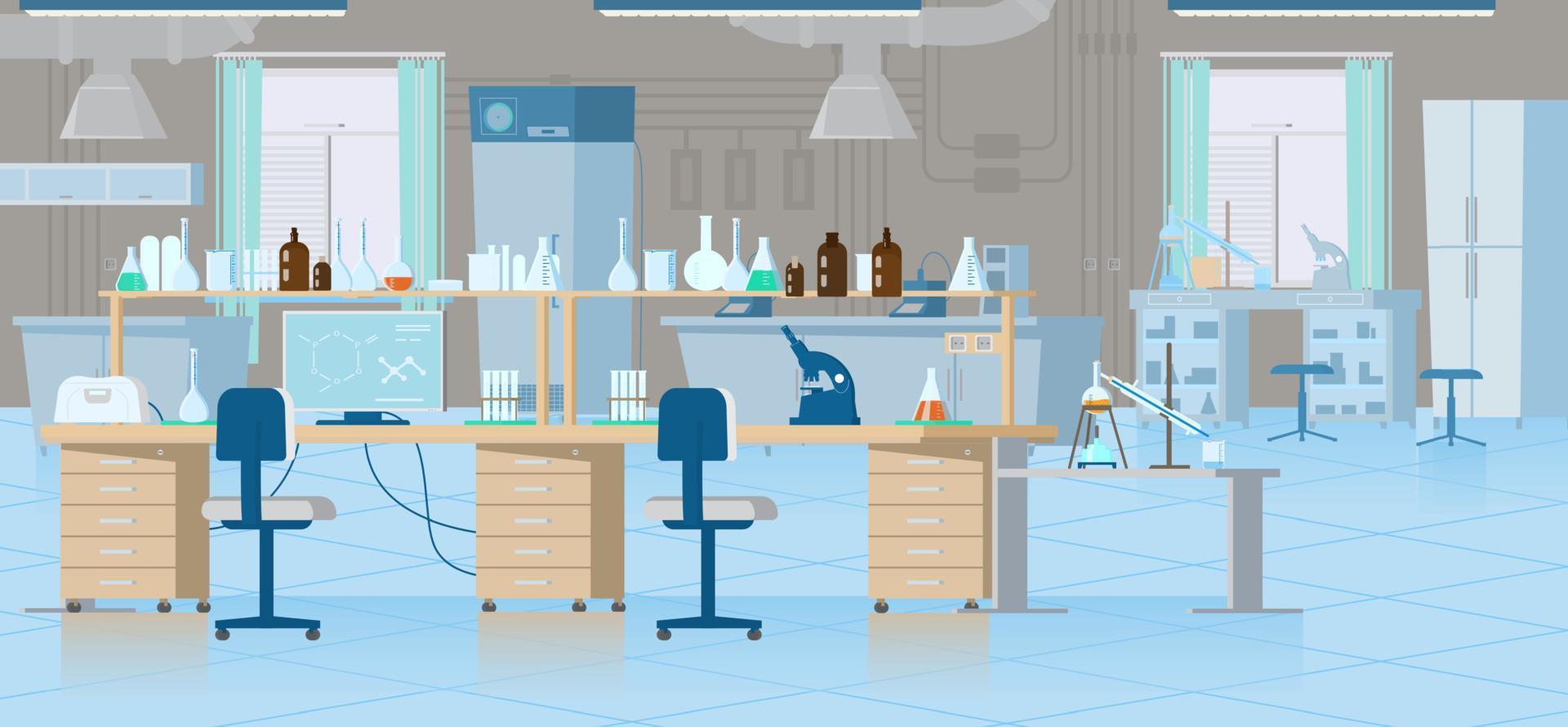 vektor kemisk laboratorium interiör med Utrustning. arbetsplats med flaskor, reagenser, mikroskop, dator etc. platt illustration.