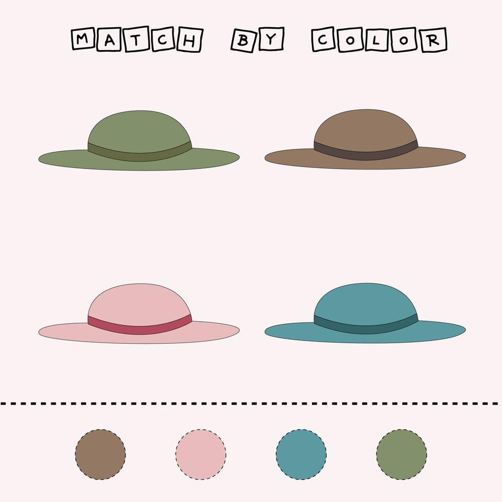 Arbeitsblatt-Vektordesign, Herausforderung, die Hüte mit ihrer Farbe zu verbinden. Logikspiel für Kinder. vektor