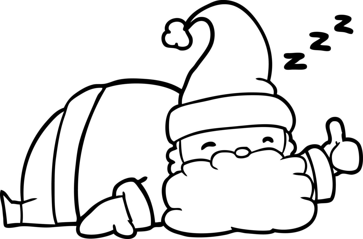 Strichzeichnung eines schläfrigen Weihnachtsmannes, der Daumen nach oben gibt vektor