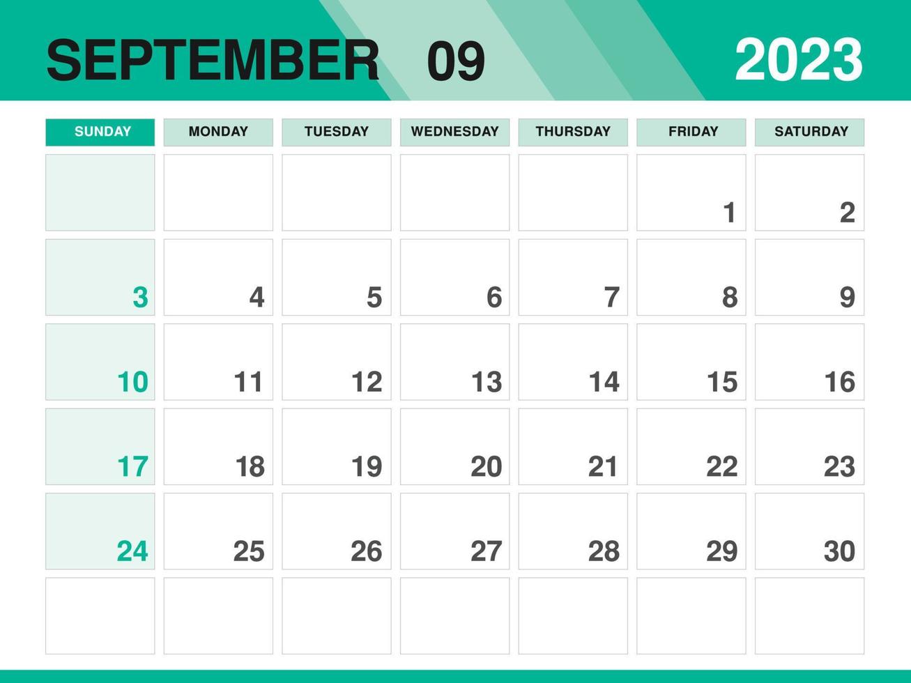 september 2023 mall, kalender 2023 mall vektor, planerare en gång i månaden design, skrivbord kalender 2023, vägg kalender design, minimal stil, annons, affisch, utskrift media, grön bakgrund begrepp vektor