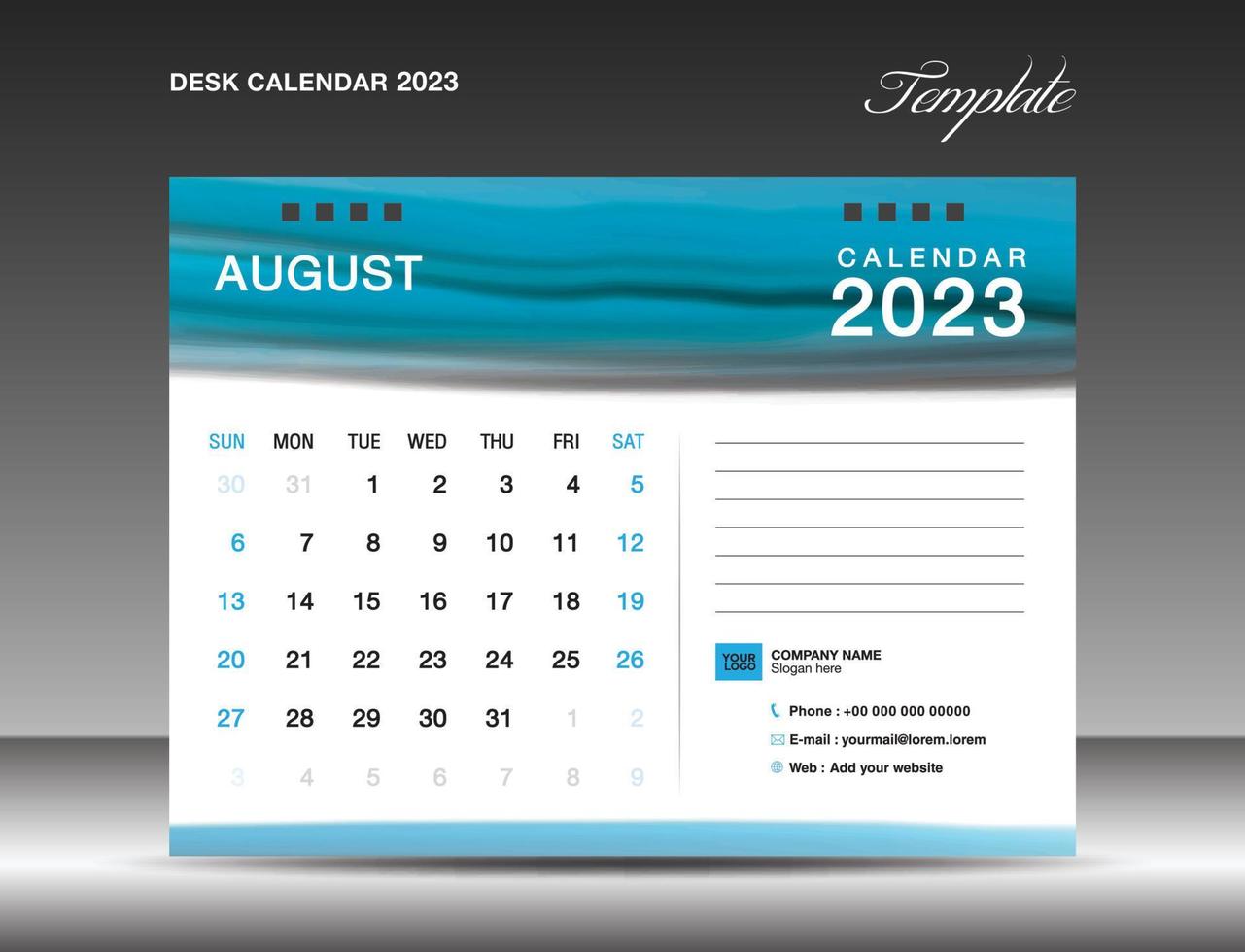 skrivbord kalander 2023 - augusti 2023 mall, kalender 2023 design mall, planerare, enkel, vägg kalender design, vecka börjar på söndag, utskrift, reklam, blå vattenfärg bakgrund, vektor