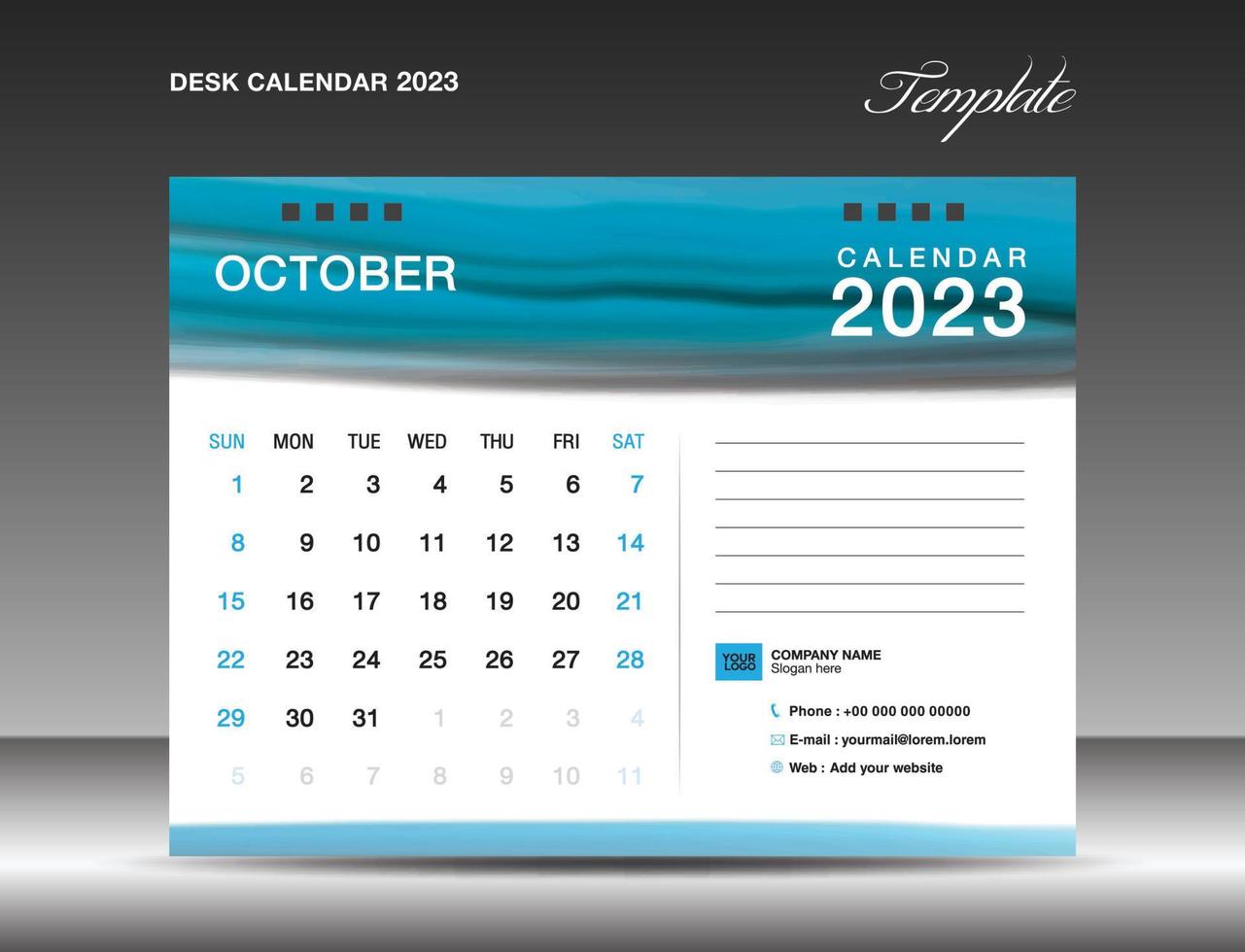 skrivbord kalander 2023 - oktober 2023 mall, kalender 2023 design mall, planerare, enkel, vägg kalender design, vecka börjar på söndag, utskrift, reklam, blå vattenfärg bakgrund, vektor