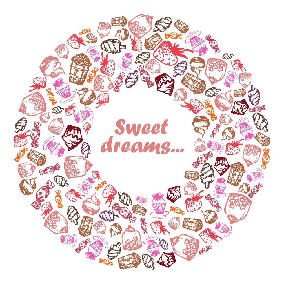 satz von handgemalten gekritzelikonen mit essen, eis, muffins, süßigkeiten, obst. gefüllt in form von donut ring text süße träume vektor