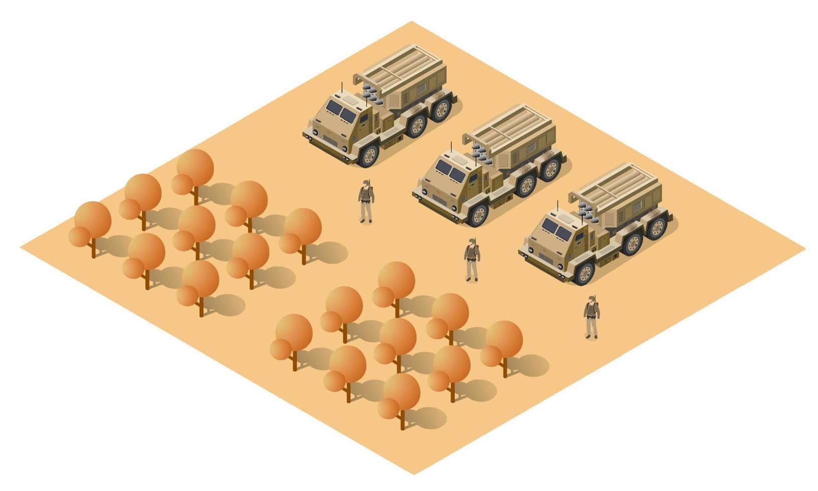 modul basislager objektelement für gebäudedesign armee bewaffnete truppe isometrische bewaffnete militärische transportobjekte. kriegsausrüstung zwingen grafische elemente panzermaschine 3d illustration vektor