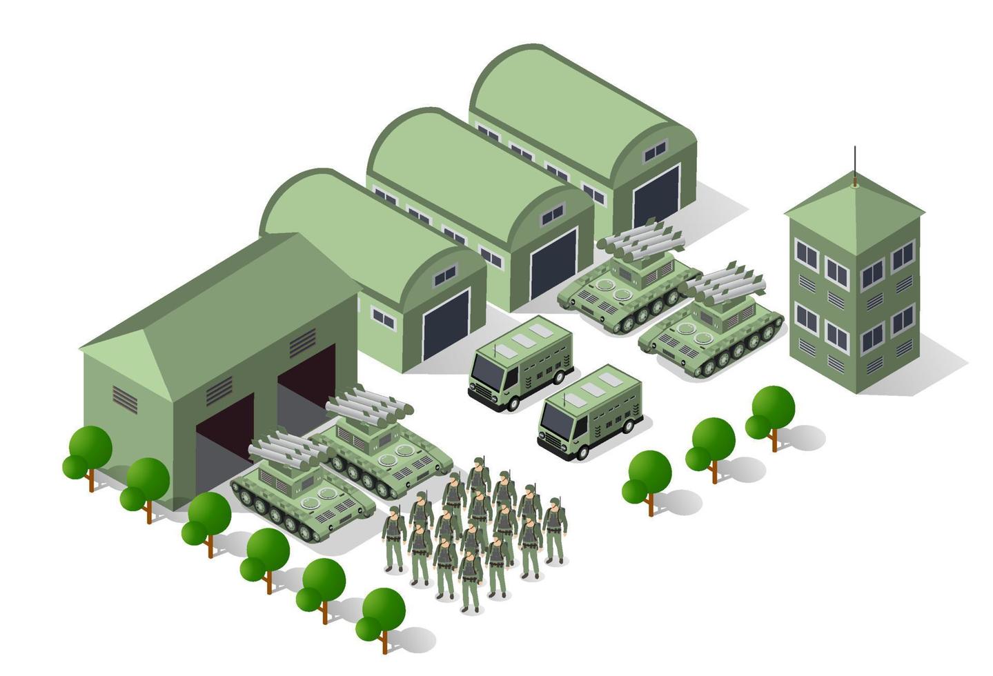 uppsättning av armén väpnad trupp isometrisk väpnad militär transport objekt och krig bekämpa Utrustning tvinga grafisk element tank maskin 3d illustration vektor