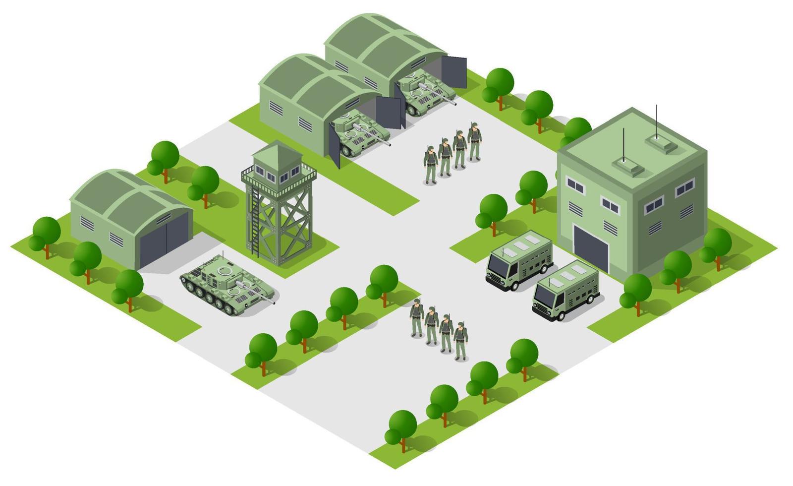 modul basislager objektelement für gebäudedesign armee bewaffnete truppe isometrische bewaffnete militärische transportobjekte. kriegsausrüstung zwingen grafische elemente panzermaschine 3d illustration vektor