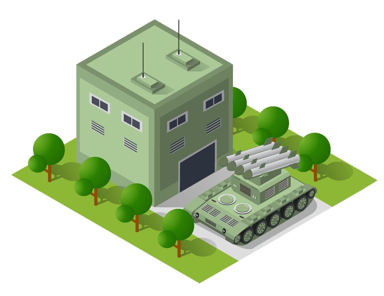 modul basislager objektelement für gebäudedesign armee bewaffnete truppe isometrische bewaffnete militärische transportobjekte. kriegsausrüstung zwingen grafische elemente panzermaschine 3d illustration vektor