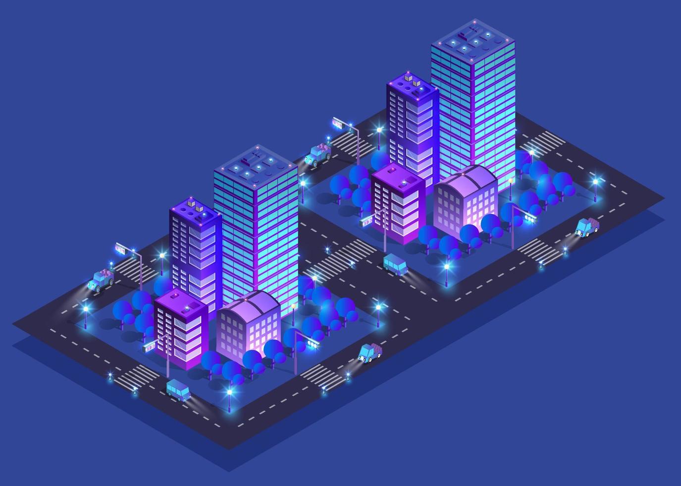 natt byggnader trogen isometrisk smart blå ultraviolett stad på natt med lampor. 3d illustration. vektor