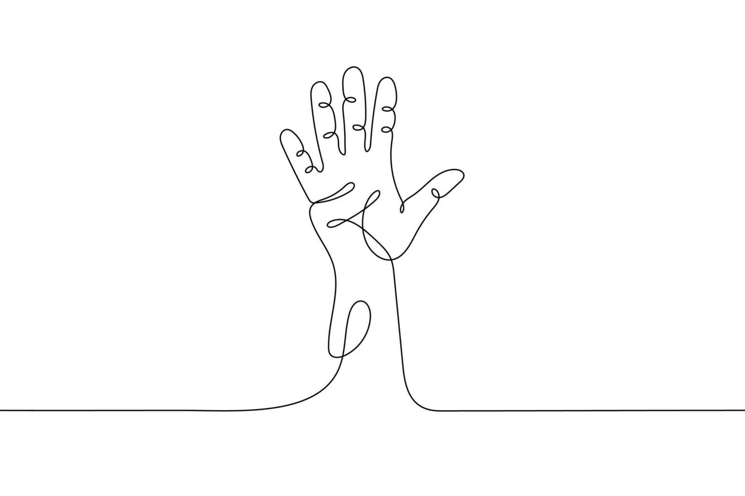 einzeilig gezeichnete handgeste, minimalistisch winkender menschlicher fünffingerarm, symbol des handabdrucks, hallo, winken, gruß, fünf, stopp, warnung. dynamisches kontinuierliches einzeiliges grafisches Vektordesign vektor