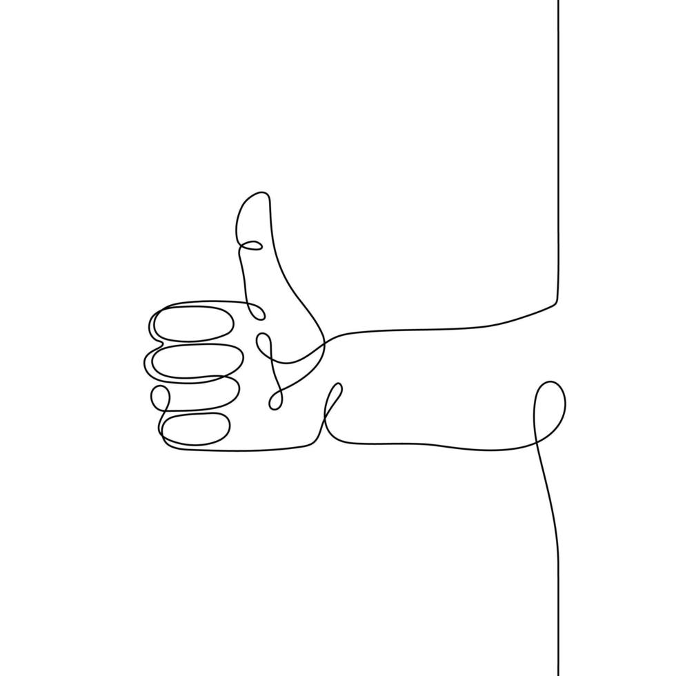 enda linje dragen hand gest, minimalistisk mänsklig hand med tycka om tecken fingrar, symbol av tummen upp, bra, hålla med. dynamisk kontinuerlig ett linje grafisk vektor design