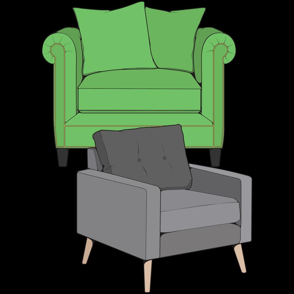 soffa eller soffa Färg blockera illustratör. Färg blockera möbel för levande rum. vektor illustration.