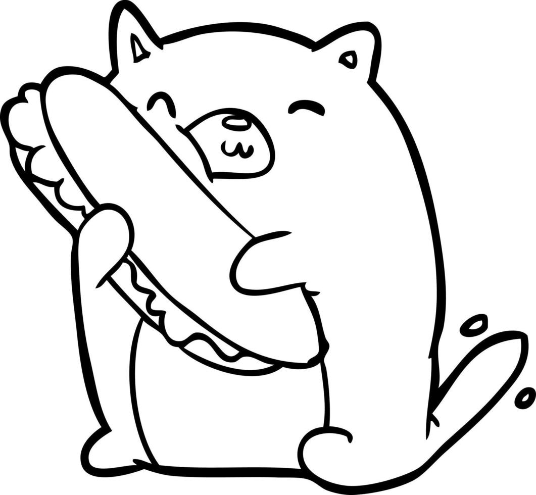 Strichzeichnung einer Katze, die das tolle Sandwich liebt, das er gerade zum Mittagessen gemacht hat vektor