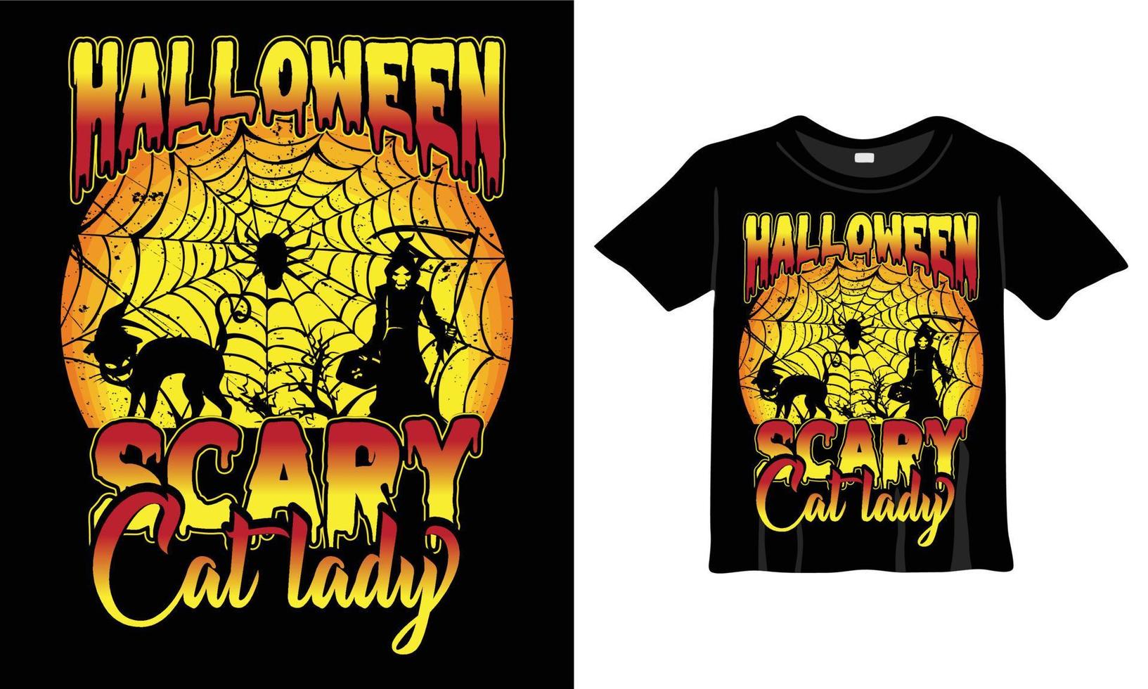 halloween gruselige katzendame t-shirt designvorlage. Halloween-T-Shirt mit Nacht, Mond, Hexe. Nachthintergrund-T-Shirt für den Druck. vektor