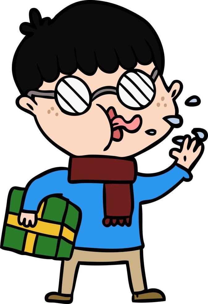 tecknad serie pojke bär glasögon med jul gåva vektor
