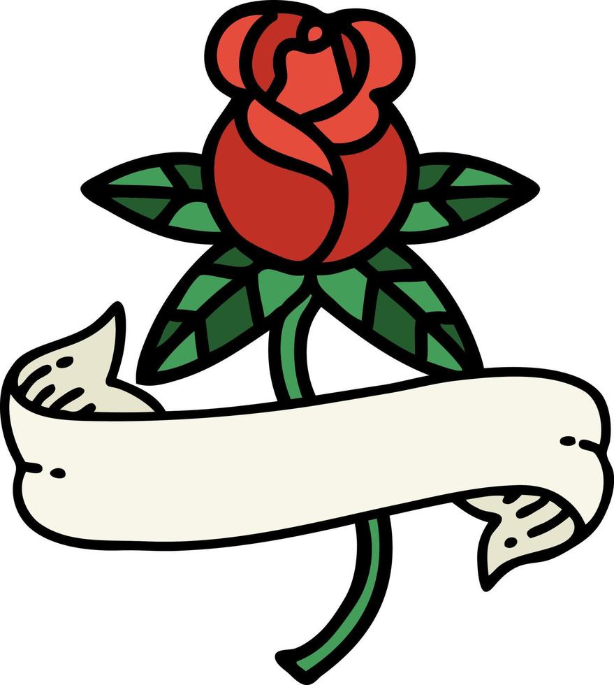 traditionelle Tätowierung einer Rose und eines Banners vektor