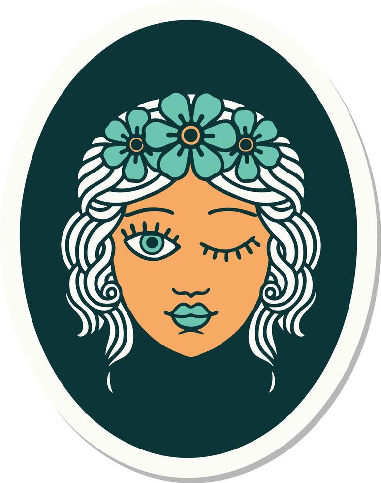 tatuering stil klistermärke av en jungfru med krona av blommor blinka vektor