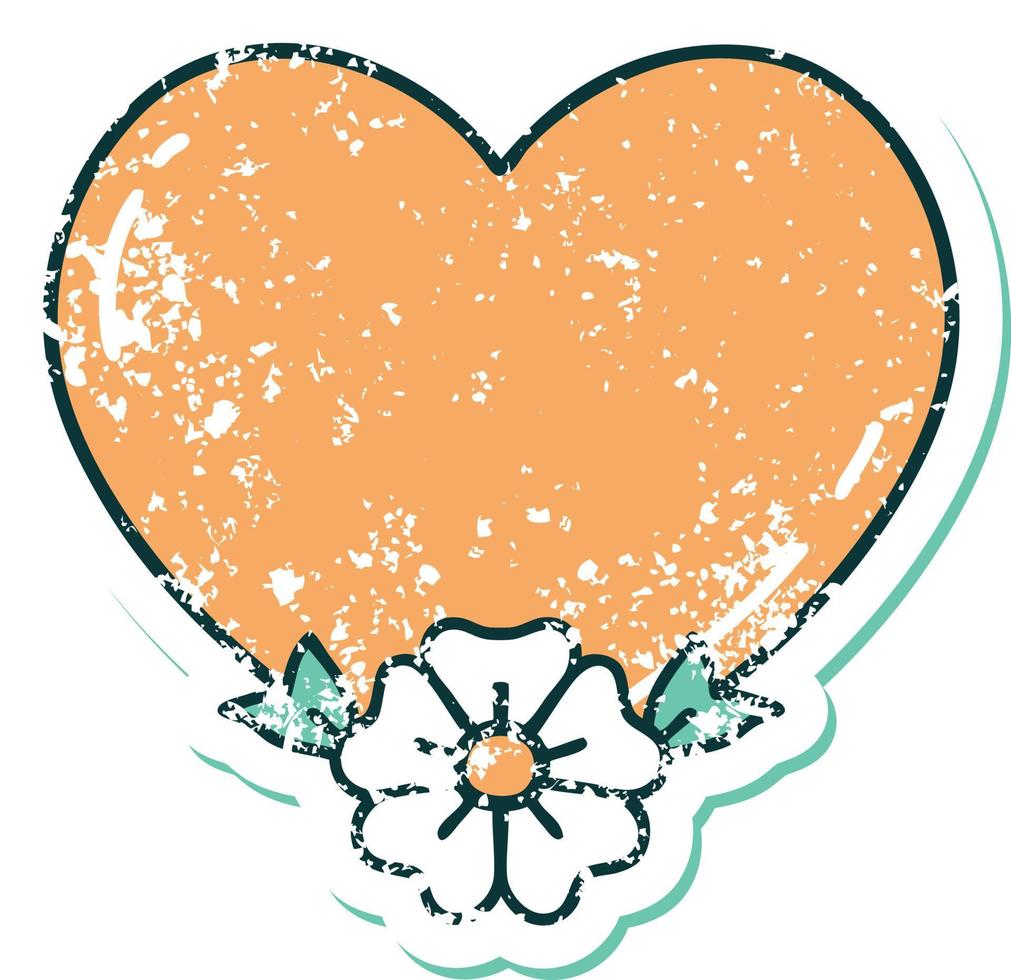 ikoniska bedrövad klistermärke tatuering stil bild av en hjärta och blomma vektor