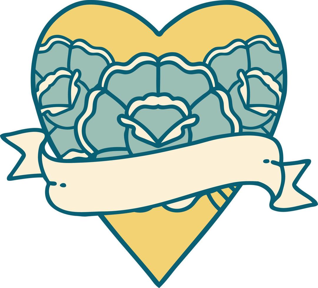 ikonisches Tattoo-Stil-Bild eines Herzens und eines Banners mit Blumen vektor