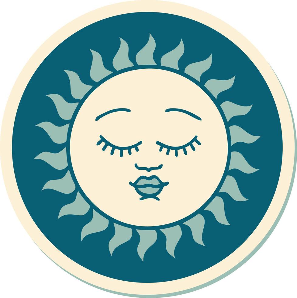 Aufkleber einer Tätowierung im traditionellen Stil einer Sonne mit Gesicht vektor