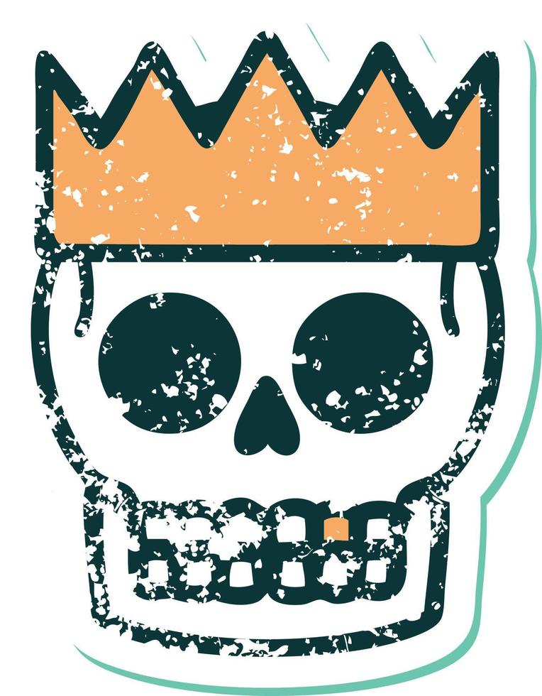 ikoniska bedrövad klistermärke tatuering stil bild av en skalle och krona vektor