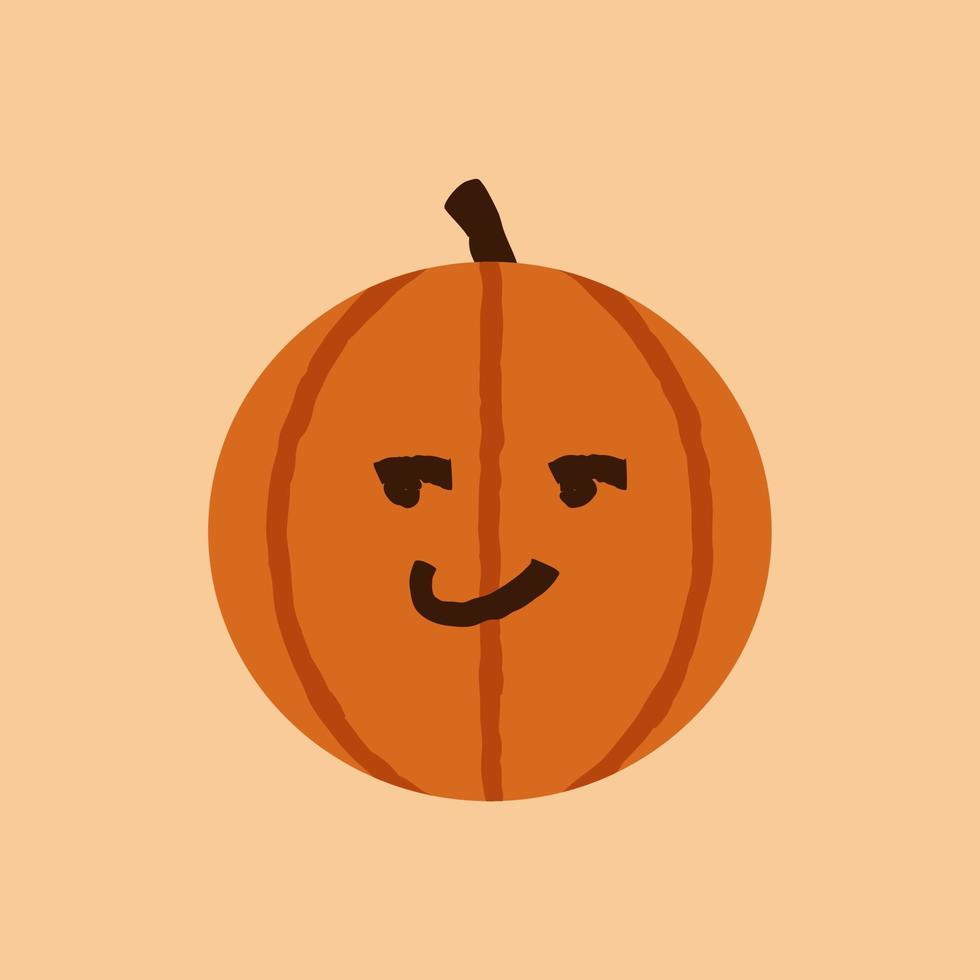 Halloween-Kürbis grinsendes Emote, orangefarbenes Gesicht mit einem schlauen, selbstgefälligen, schelmischen oder suggestiven Gesichtsausdruck. oktober urlaub jack o laterne isolierter vektor
