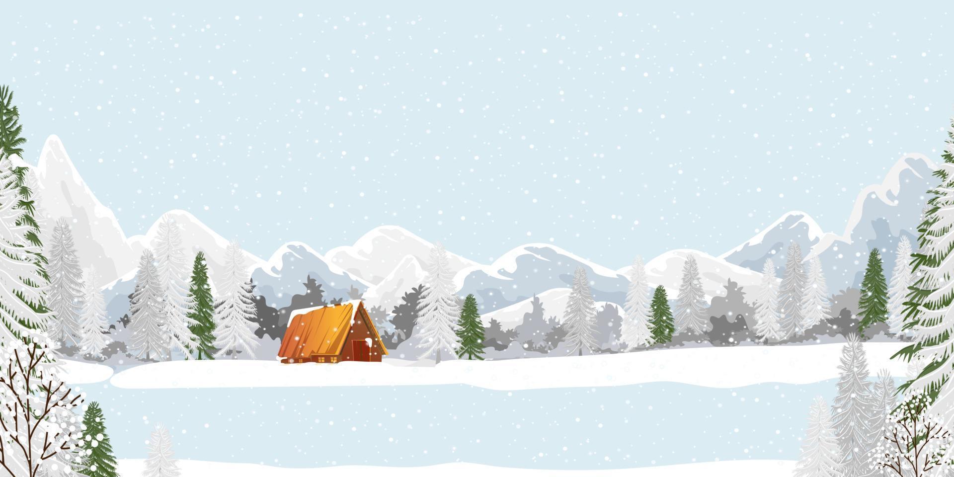 Winterlandschaft mit schneebedeckter Waldkiefer und Bergen am blauen Himmel, Panorama-Winterwunderland mit Bauernhaus im Dorf, horizontaler Vektorbanner für Weihnachten oder Neujahrshintergrund vektor