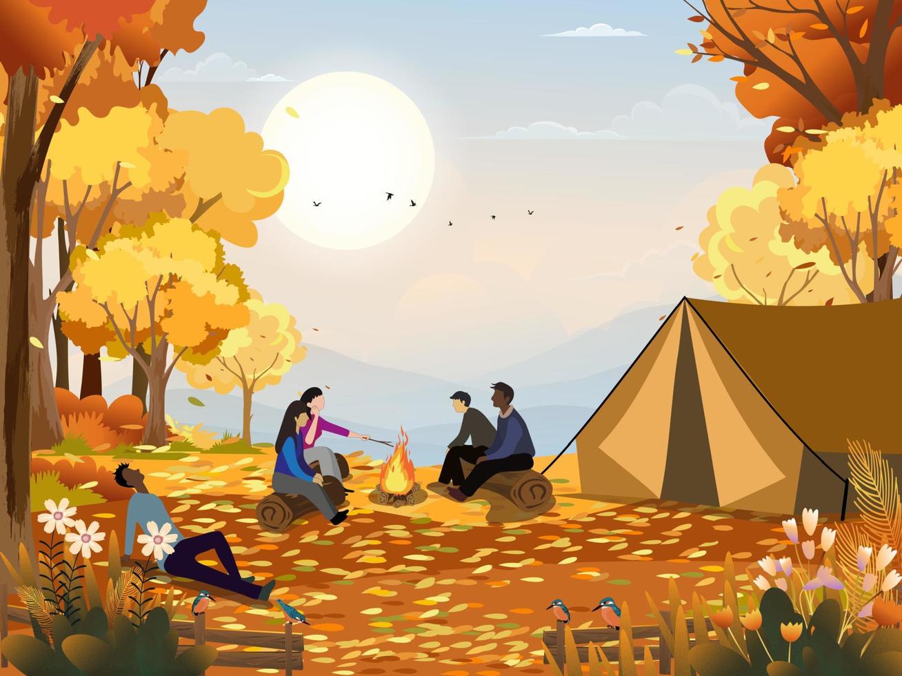 Familie genießt Campingurlaub auf dem Land im Herbst, Gruppe von Menschen, die in der Nähe des Zeltes sitzen und am Lagerfeuer Spaß haben, miteinander zu reden, Vektor ländliche Landschaft im Herbstwaldbaum mit Sonnenuntergangshimmel