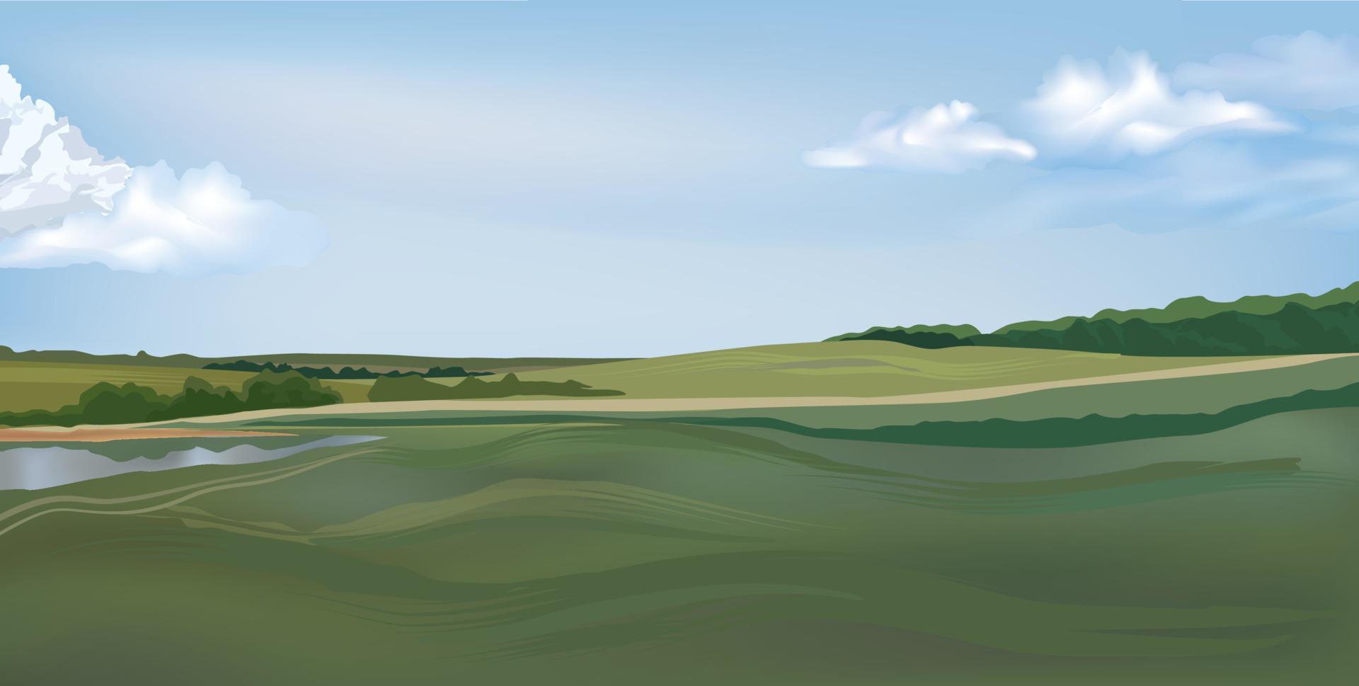 ländliche Landschaft mit Panoramablick auf die Skyline. Hügel, Wiesen, Bäume und Felder Horizont. Sommer Natur Hintergrund. Vektor-Landschaftsansicht vektor